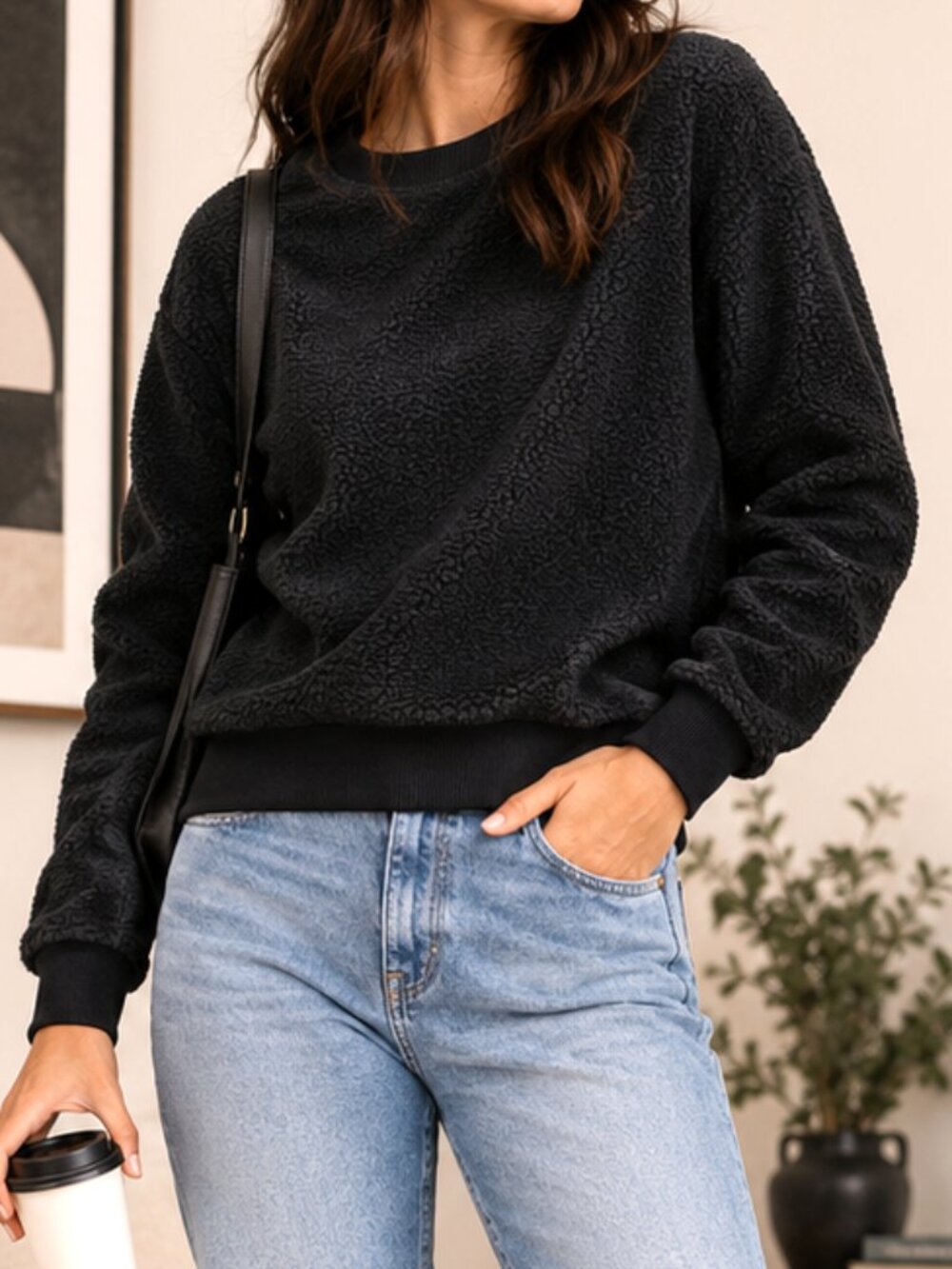 Everlane Black Sweatshirt Sweater XS Pullover Fleece Sherpa Long Sleeve Crewneck